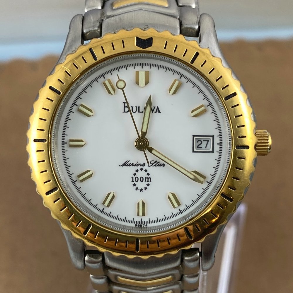 SOLD Vintage Bulova Marine Star Man's Watch 2 Tone Stainless Steel and Gold Br